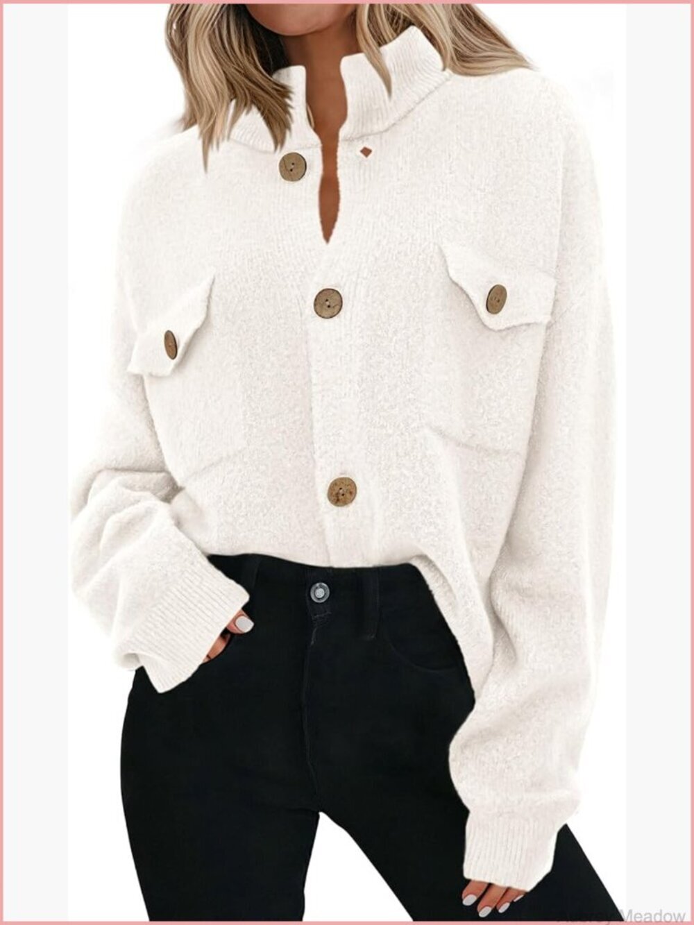 Chunky Knit Cardigan Button Up Mock Neck Long Sleeve Loose Fit Sweater Jacket